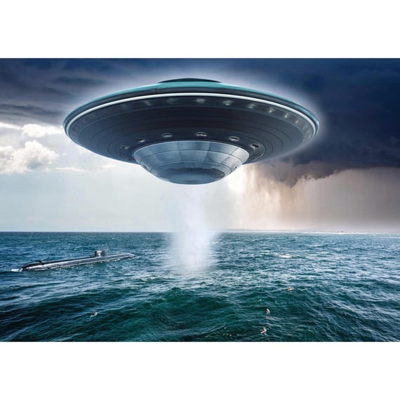 Postcard. UFO over water with submarine