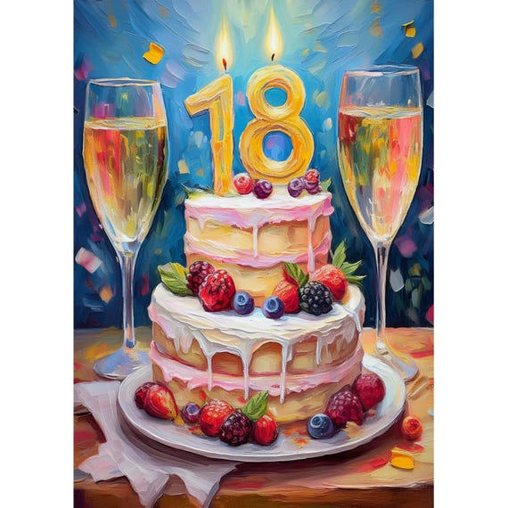 Postcard (8) 18th birthday with cake and champagne