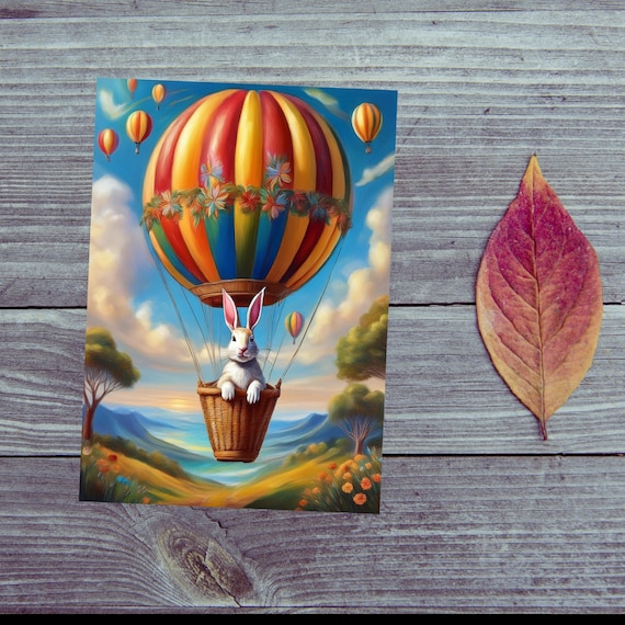 Postcard. Easter Bunny in a Hot Air Balloon