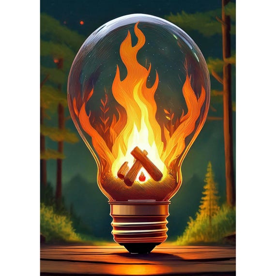 Postcard. Campfire in a lightbulb