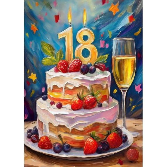 Postcard (7) 18th birthday with cake and champagne