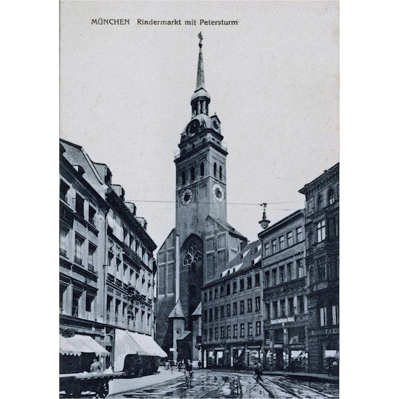 Retro postcard / Munich / Rindermarkt / Petersturm