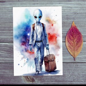 Carte postale / Bon voyage / Pour le Martien / Alien avec valise / Salutations d'un autre monde