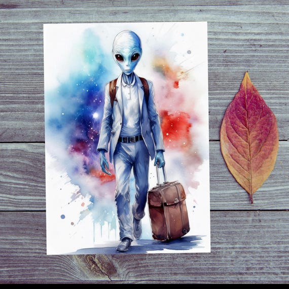 Postcard / Have a nice trip / For the Martian / Alien with suitcase / Greetings from another world