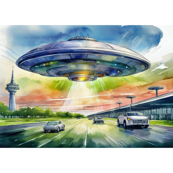 Postcard. UFO flying over a street