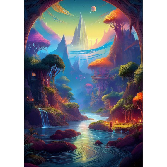 Postcard. Fantasy landscape with river and mountain