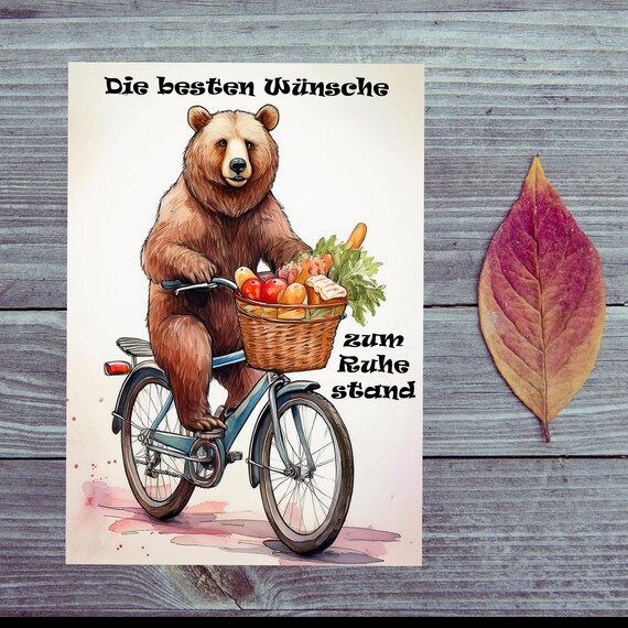 Postcard. Retirement / Pension / Best wishes / Bear rides bicycle into retirement / Funny postcard /