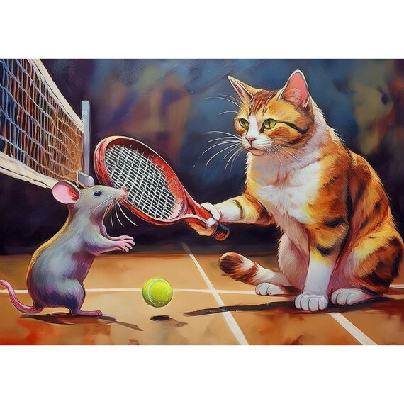 Postcard. Cat and mouse playing tennis