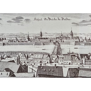 Postal con vista histórica de la ciudad de Dresde, 1650. Grabado antiguo en cobre del panorama del Elba. Horizonte del casco antiguo de Dresde. Mapa retro de Dresde. Tarjeta de felicitación.
