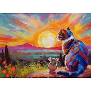 Cartão postal. Gato e rato olhando para o pôr do sol