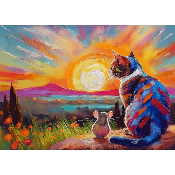 Postcard. Cat and mouse looking into the sunset