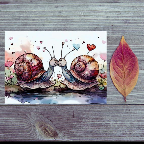 Postcard. Love two snails in love Heartwarming postcard - snail love for special moments