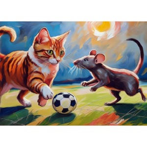 Cartão postal. Gato e rato jogando futebol