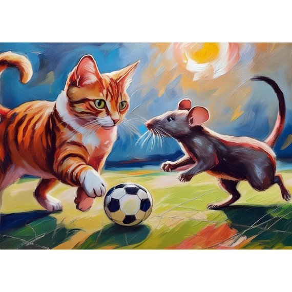 Postcard. Cat and mouse playing soccer