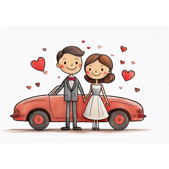 Postcard / Wedding / Couple with car /