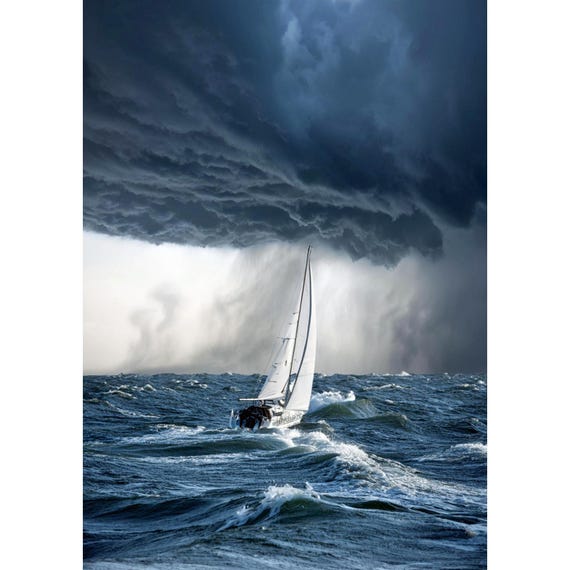 Postcard. Sailboat with approaching storm