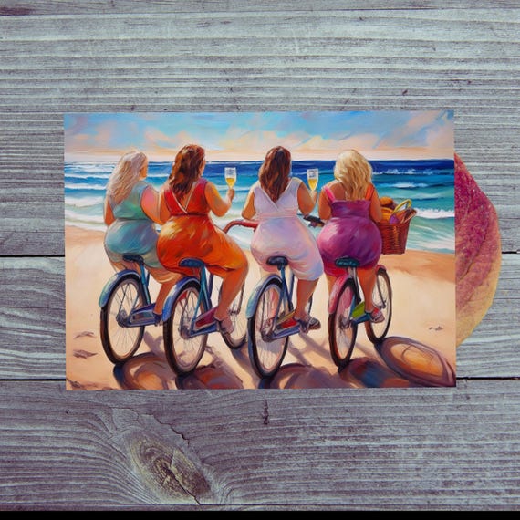 Postcard Four women on the beach on bicycles.