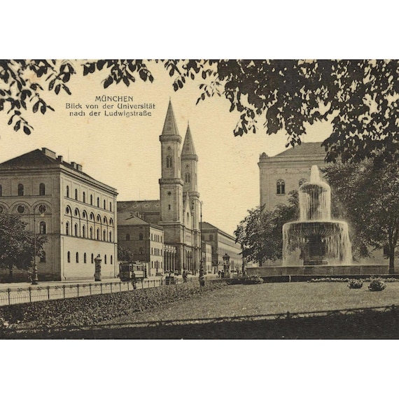 Retro postcard / Munich / View from the university to Ludwigstrasse