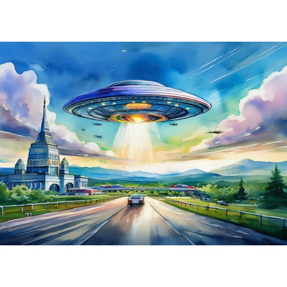 Postcard. UFO chasing a car