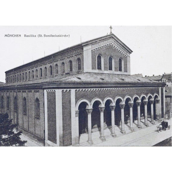 Retro postcard / Munich / Basilica / St. Bonifacius Church