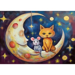 Postal. El gato y el ratón en la luna