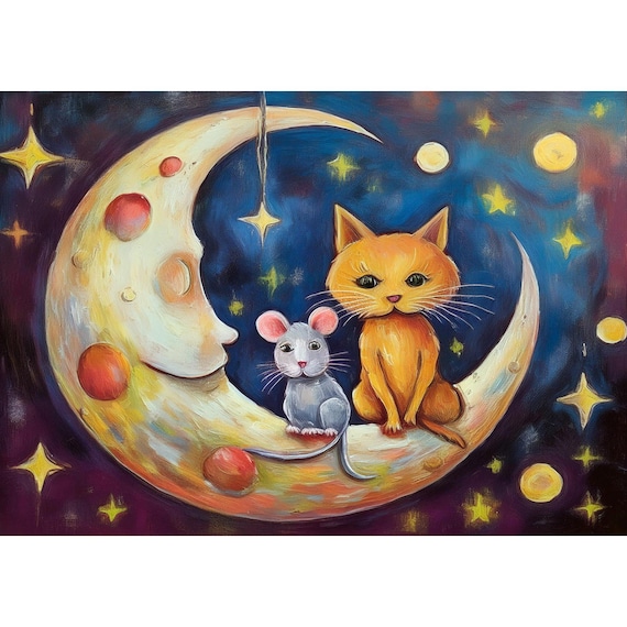 Postcard. Cat and Mouse on the Moon