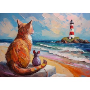 Postal. El gato y el ratón en la playa