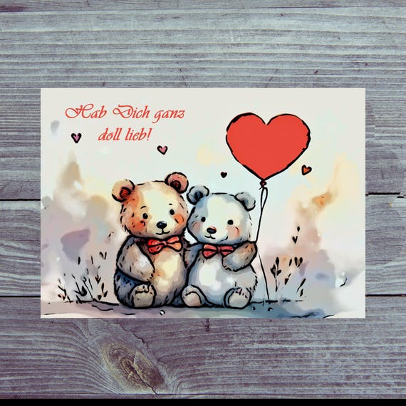 Postcard / Two teddy bears with balloon / Love you very much