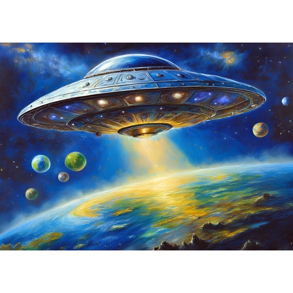 Postcard. UFO hovers over Earth