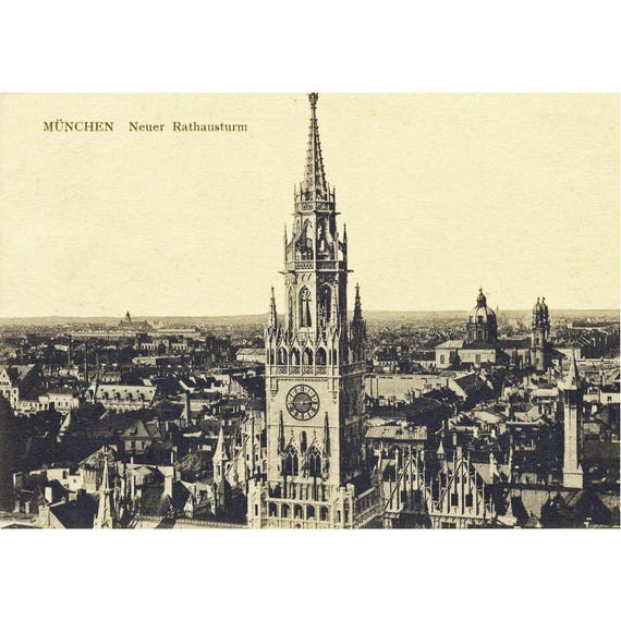 Retro postcard / Munich / new town hall / tower
