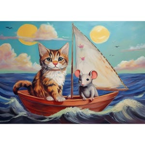 Postal. El gato y el ratón navegan.