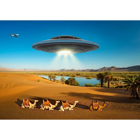 Postcard. A UFO above camels in the desert
