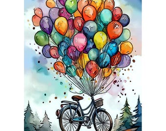 Pocztówka przedstawiająca rower z kolorowymi balonami. Kartka okolicznościowa.