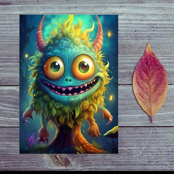 Postcard / Funny green monster / Funny postcard with green monster motif