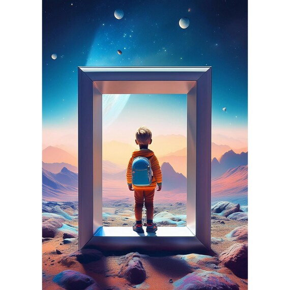 Postcard. Schoolchild standing in picture frame