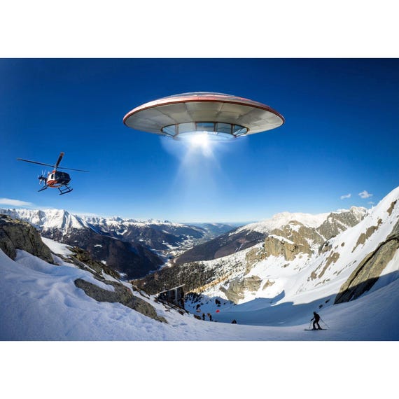 Postcard. UFO hovers over ski resort.