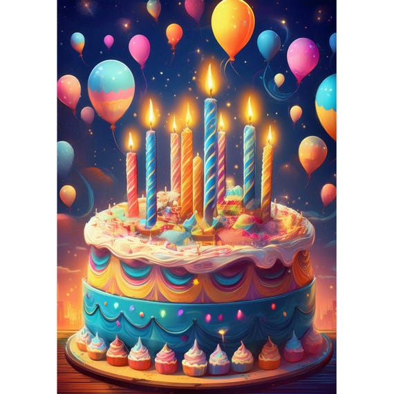 Postcard. Birthday cake muffins balloons