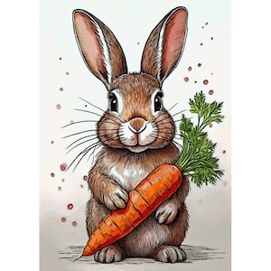 Könnte beinhalten: Ein braunes Kaninchen mit langen Ohren hält eine große orange Karotte in seinen Pfoten. Das Kaninchen lächelt und hat ein grünes, blattreiches Oberteil auf der Karotte.