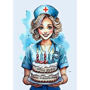 Carte postale. Infirmière de carte d'anniversaire avec le gâteau