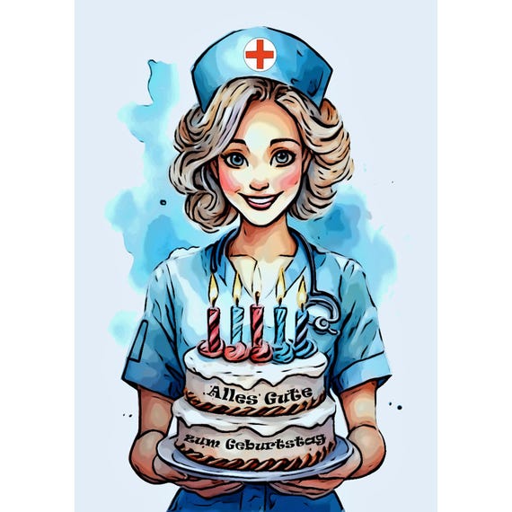 Postcard. Birthday card nurse with cake