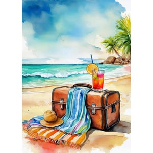 Può includere: Dipinto ad acquerello di una scena sulla spiaggia con una valigia marrone, un asciugamano a righe, un cappello di paglia e un cocktail con una fetta d'arancia. Le onde e le palme evocano il tema delle vacanze.