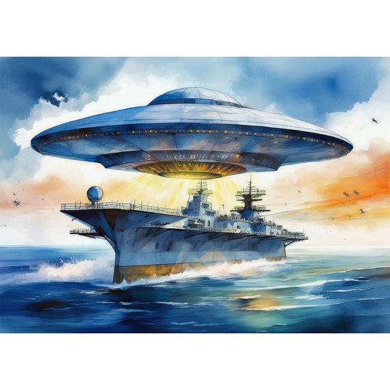 Postcard. UFO hovering over an aircraft carrier
