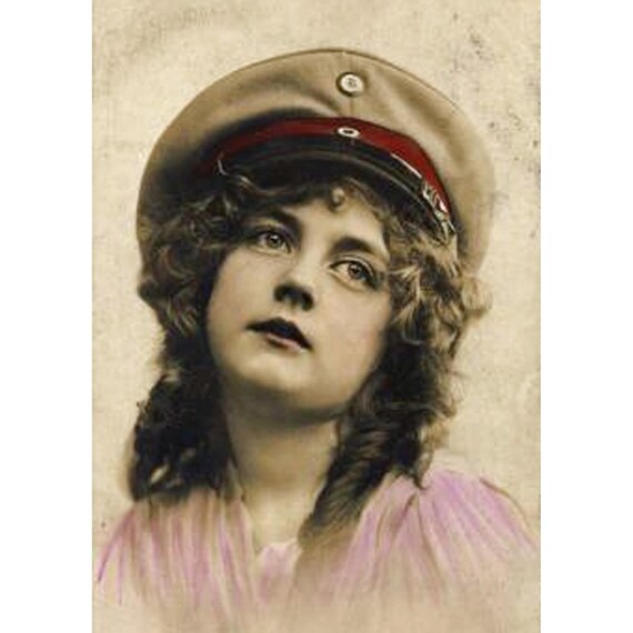Postcard. Woman with soldier's cap
