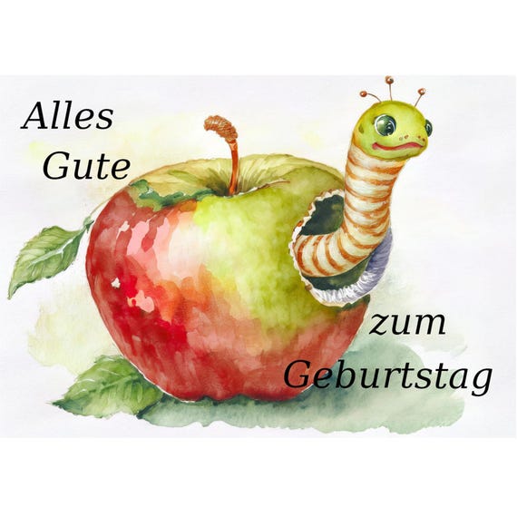 Postcard. Worm looks out of apple
