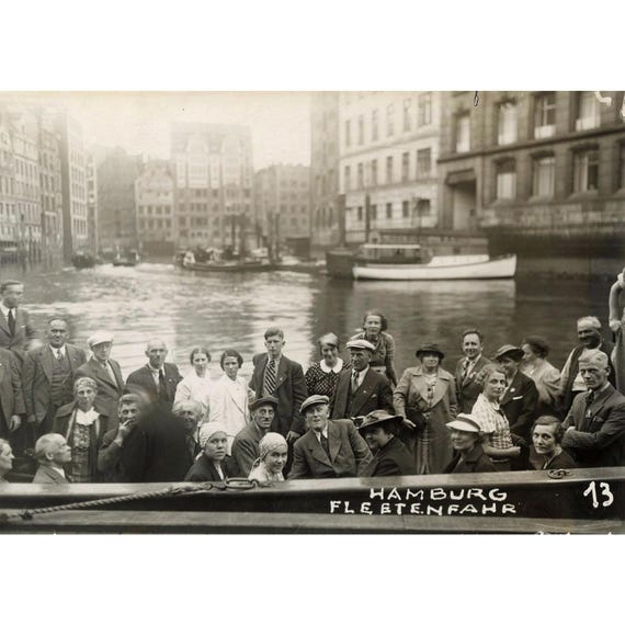 Postcard. Hamburg. Canal cruise with people