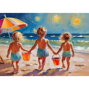 Cartão postal. Crianças na praia