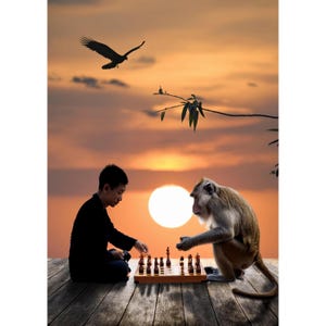 Può includere: Un uomo e una scimmia giocano a scacchi su una scacchiera di legno con uno sfondo di tramonto. La scimmia è seduta a destra della scacchiera, mentre l'uomo è seduto a sinistra. Il sole sta tramontando sullo sfondo, proiettando un bagliore caldo sulla scena.