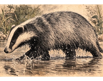 Postal vintage de tejón – Tarjeta con ilustración de animales, naturaleza y arte retro – Tarjeta de felicitación