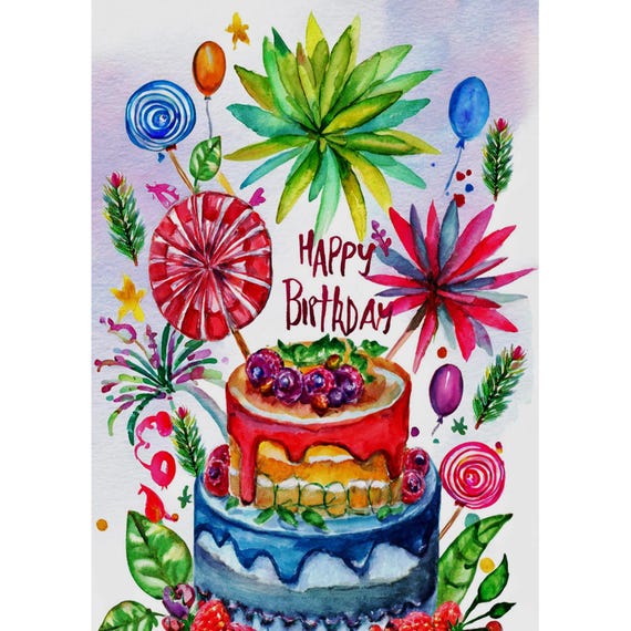 Postcard. Cake with Flowers Colorful Happy Birthday