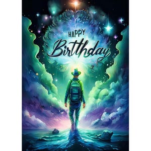 Tarjeta postal. Hombre con mochila feliz cumpleaños